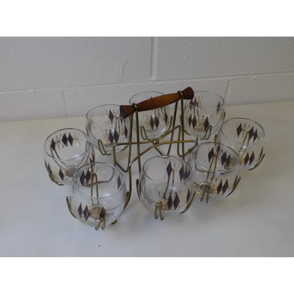 Federal Glass Harlequin Roly Poly Glasses Caddy Set MCM Atomic Barware 9 Pc